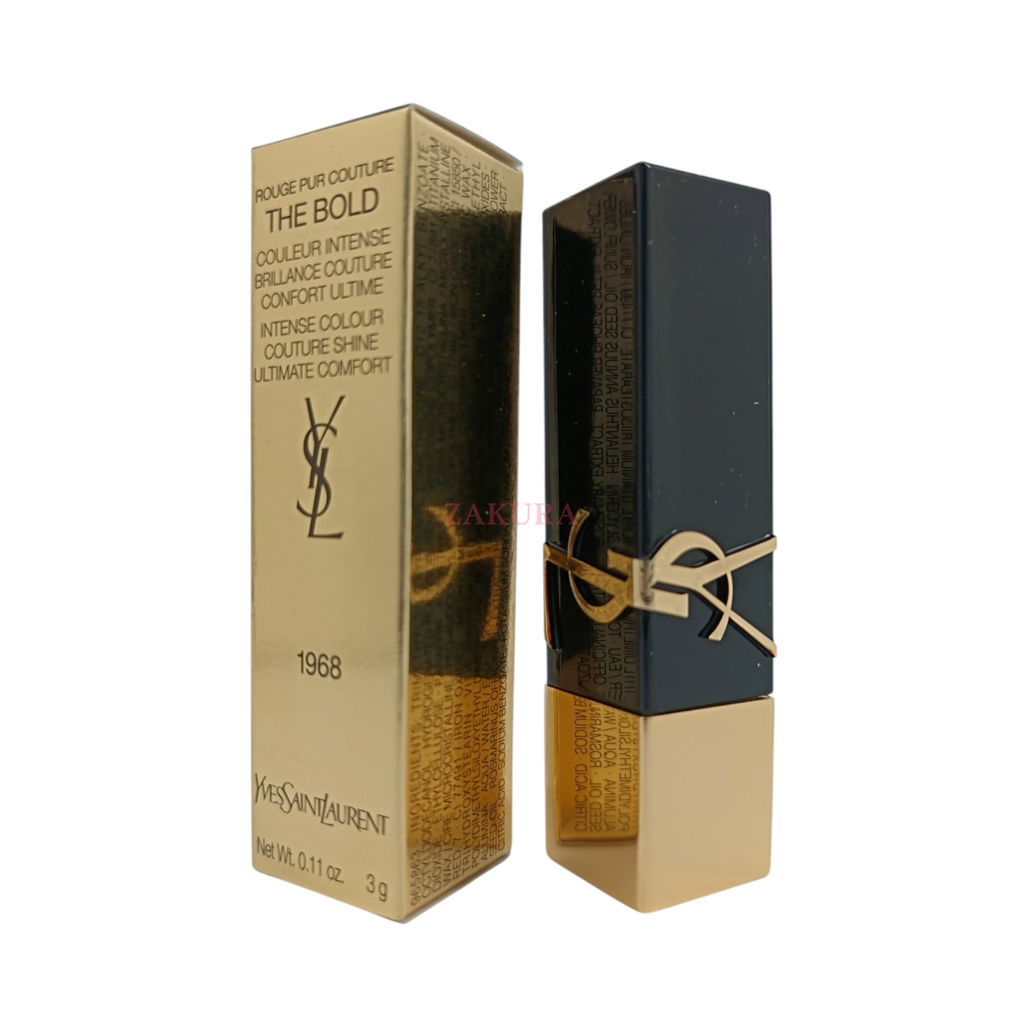 YSL Rouge Pur Couture The Bold – 1968 Nude Statement 3g satin lipstick with bold color and hydrating formula, available at Zakura Global.