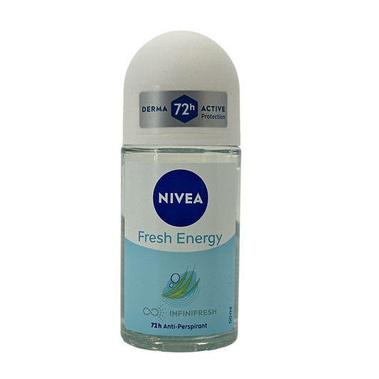 Nivea Fresh Energy Roll On 50ml – energizing deodorant with lemongrass extract, available at Zakura Global.