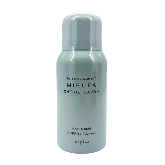 Mieufa UV Cut Floral Spray Cherie Savon SPF50+ PA++++ 80g – sun protection for hair and skin with elegant floral scent, available at Zakura Global.