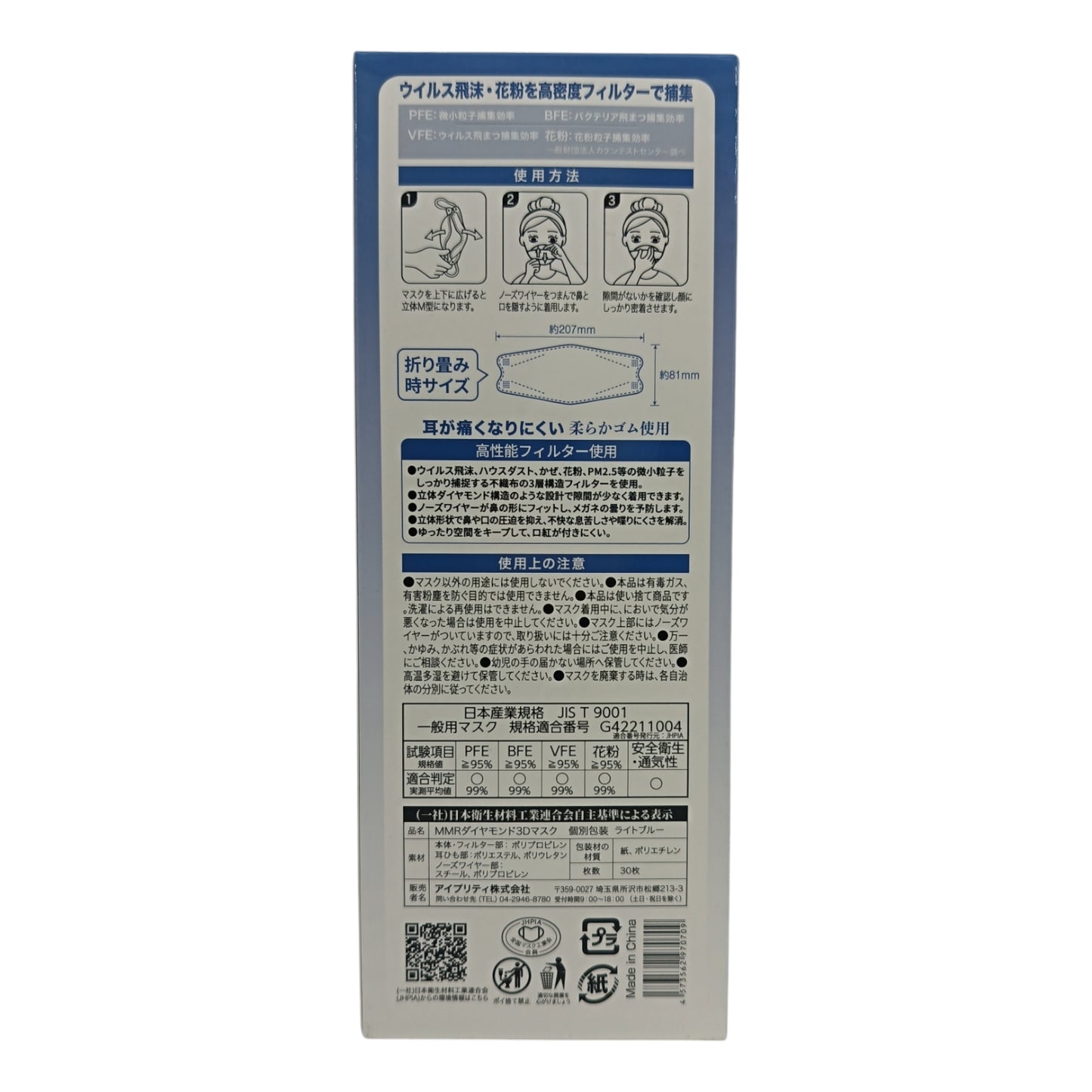 MMR 3D Mask Mist Blue – 30pcs adult-size breathable face masks