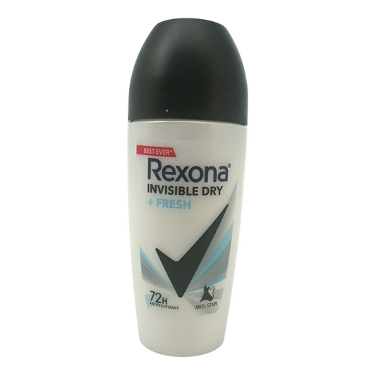 Rexona Invisible Dry + Fresh Roll-On – anti-perspirant with anti-stain technology and 72-hour protection, available at Zakura Global.