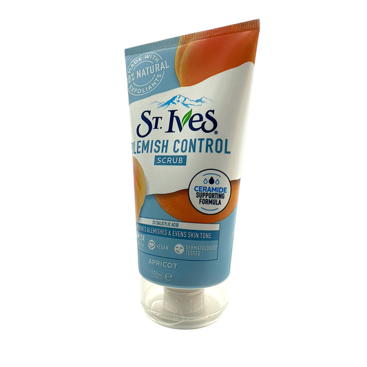ST. IVES Blemish Control Apricot Facial Scrub – 150ml, exfoliating cleanser with salicylic acid and walnut shell, available at Zakura Global.
