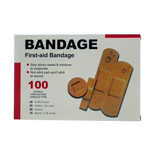 BANDAGE First-aid Bandage – flexible fabric adhesive bandages for wound care, 100pcs box, available at Zakura Global.