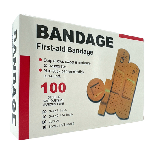 BANDAGE First-aid Bandage – flexible fabric adhesive bandages for wound care, 100pcs box, available at Zakura Global.