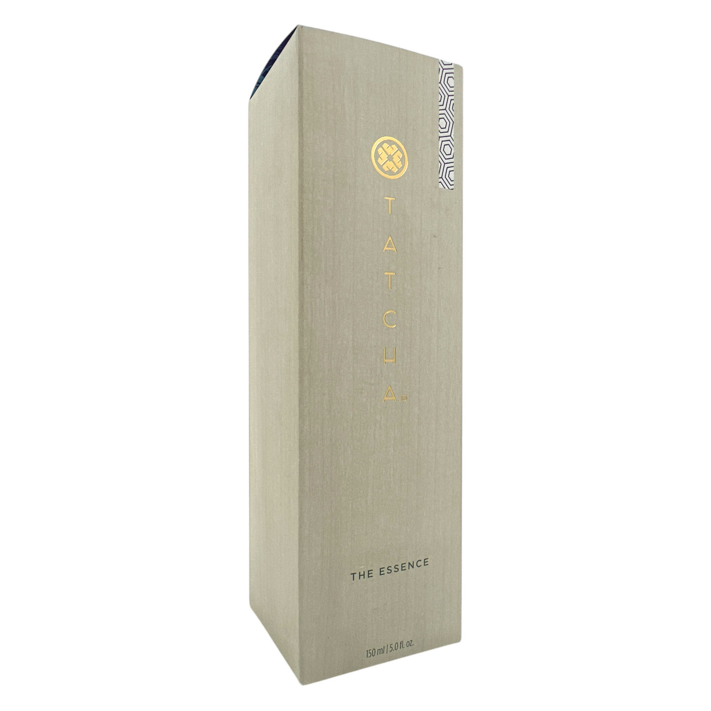 A tall, slim bottle of Tatcha The Essence Plumping Skin Softener with a beige label and a small decorative pattern on the lower right corner.