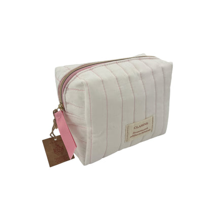 Clarins White cosmetic bag with pink pinstripe 1pc