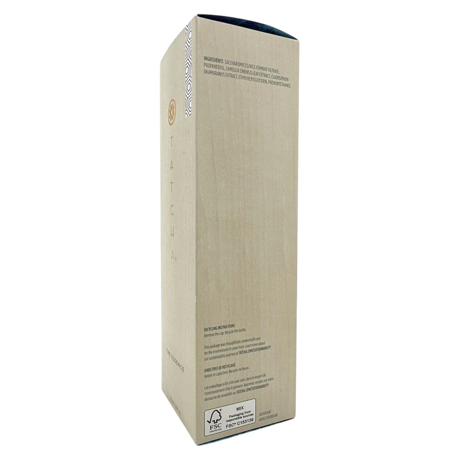A tall, slim bottle of Tatcha The Essence Plumping Skin Softener with a beige label and a small decorative pattern on the lower right corner.